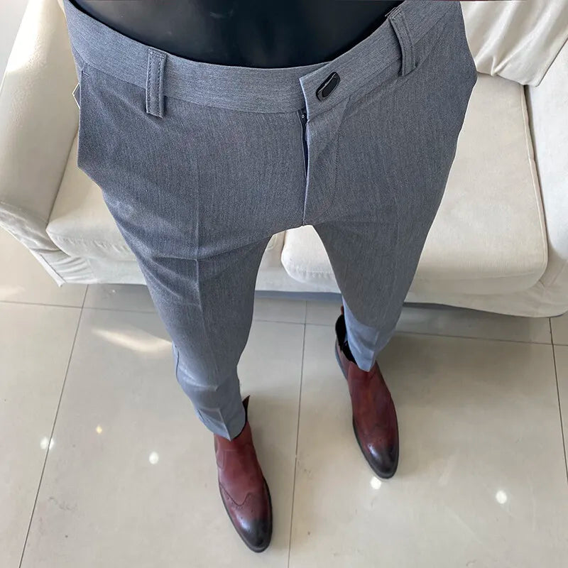 Men's Business Suit Pants: Slim-Fit, Ankle-Length Trousers with Elastic Waist