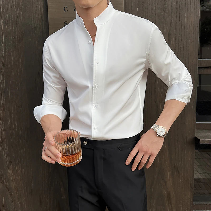 Men's New Chinese Style Shirt: High-End Stand-Up Collar with Slimming Fit