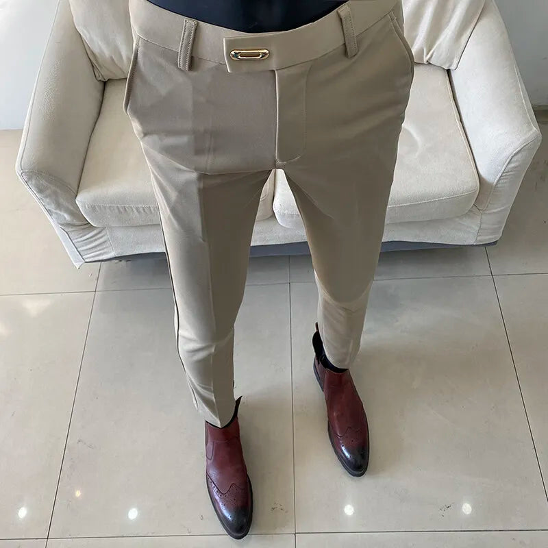 Men's Business Suit Pants: Slim-Fit, Ankle-Length Trousers with Elastic Waist