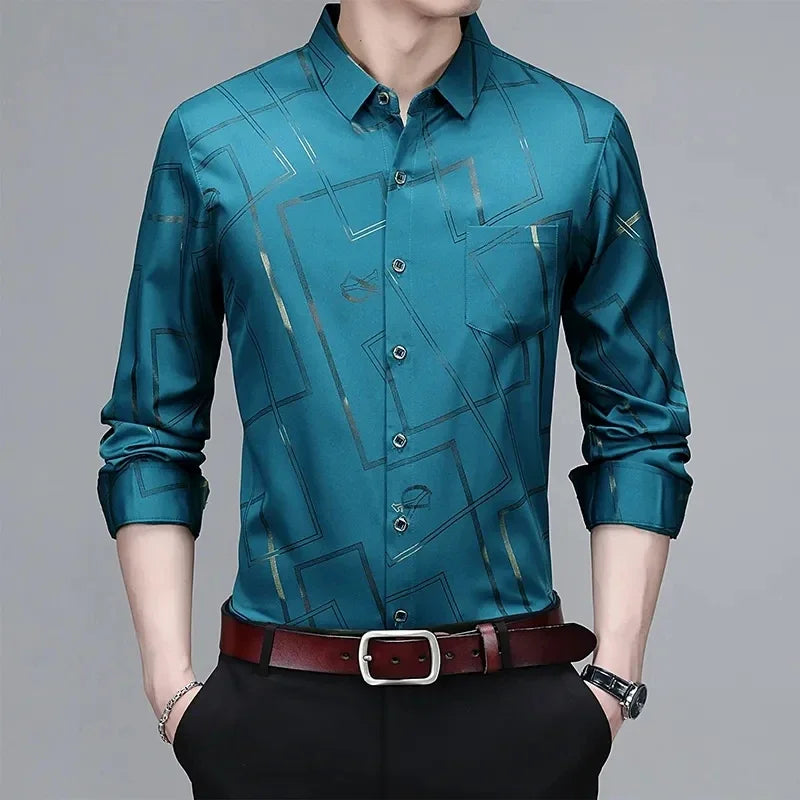 Men's Long-Sleeve Printed Shirt: Non-Ironing and Wrinkle-Resistant for Business and Casual Wear