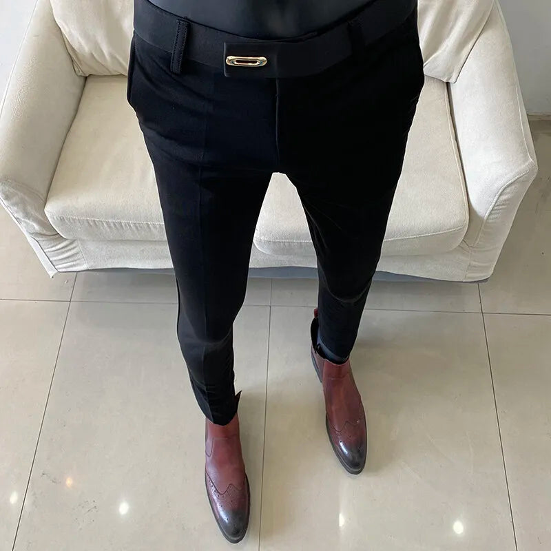 Men's Business Suit Pants: Slim-Fit, Ankle-Length Trousers with Elastic Waist