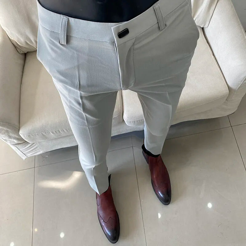 2025 Men's Business Suit Pants: Slim-Fit, Ankle-Length Trousers with Elastic Waist