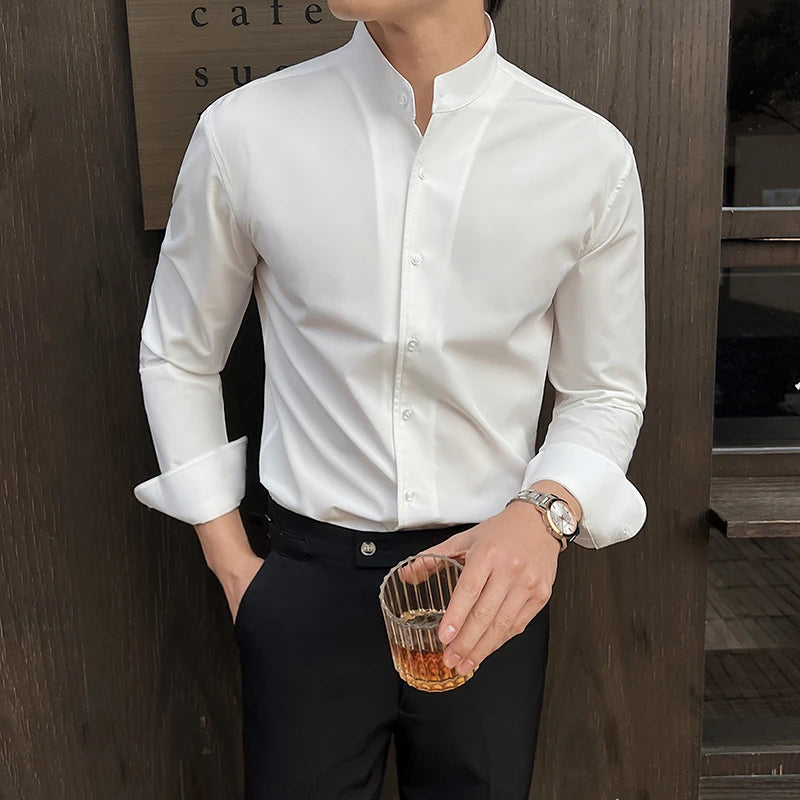 2025 Men's New Chinese Style Shirt: High-End Stand-Up Collar with Slimming Fit