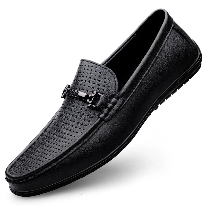 Men's Genuine Leather Loafers: Comfortable Slip-On Driving Shoes with Metal Buckle