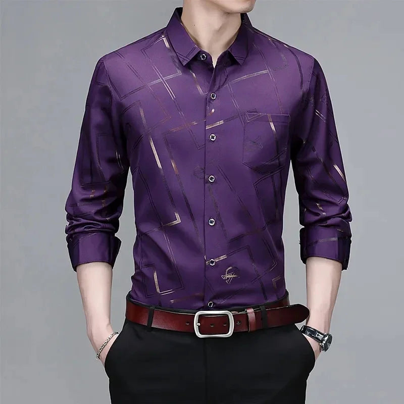 Men's Long-Sleeve Printed Shirt: Non-Ironing and Wrinkle-Resistant for Business and Casual Wear