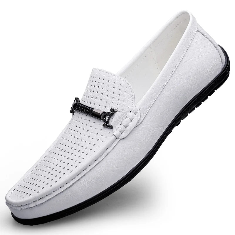 Men's Genuine Leather Loafers: Comfortable Slip-On Driving Shoes with Metal Buckle