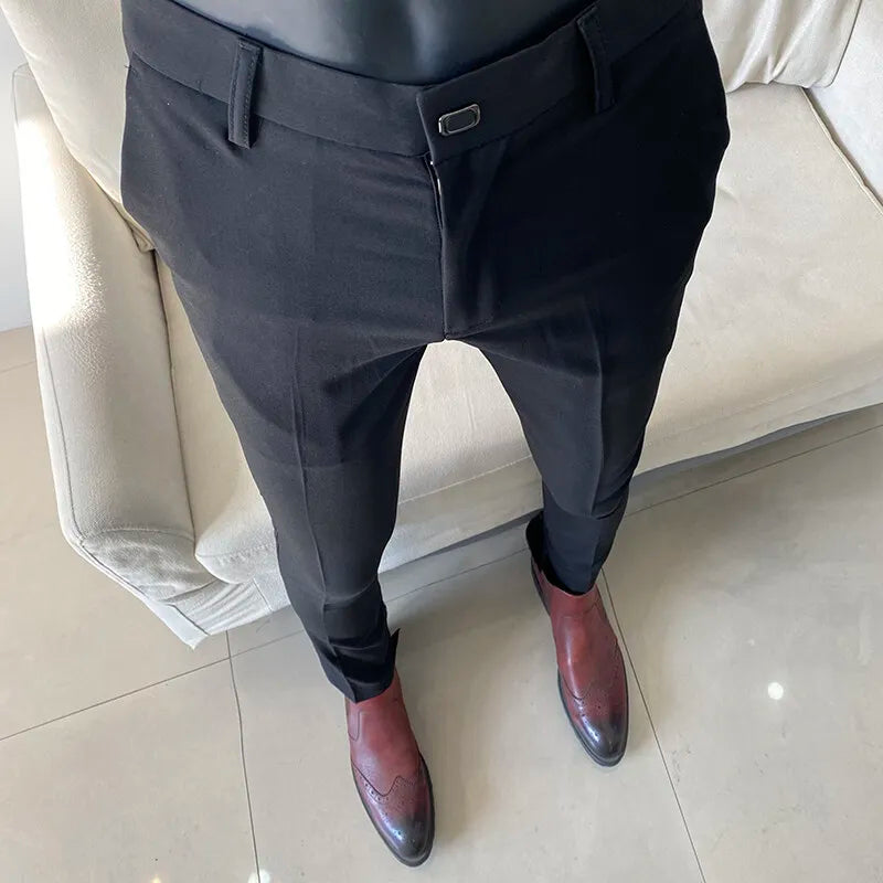 2025 Men's Business Suit Pants: Slim-Fit, Ankle-Length Trousers with Elastic Waist