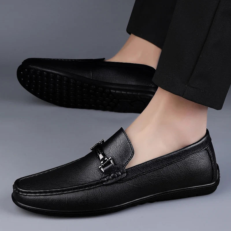 Men's Genuine Leather Loafers: Comfortable Slip-On Driving Shoes with Metal Buckle