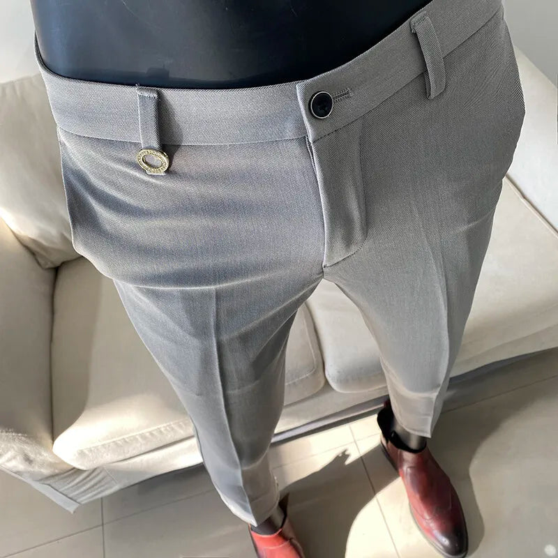 2025 Men's Business Suit Pants: Slim-Fit, Ankle-Length Trousers with Elastic Waist