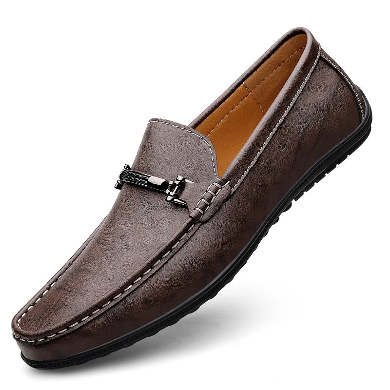 Men's Genuine Leather Loafers: Comfortable Slip-On Driving Shoes with Metal Buckle