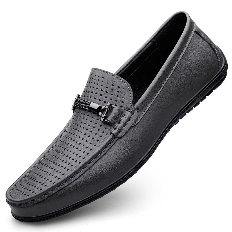 Men's Genuine Leather Loafers: Comfortable Slip-On Driving Shoes with Metal Buckle