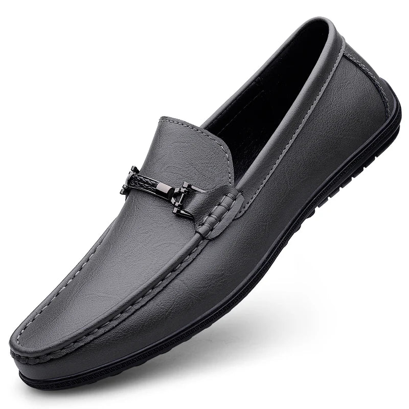 Men's Genuine Leather Loafers: Comfortable Slip-On Driving Shoes with Metal Buckle