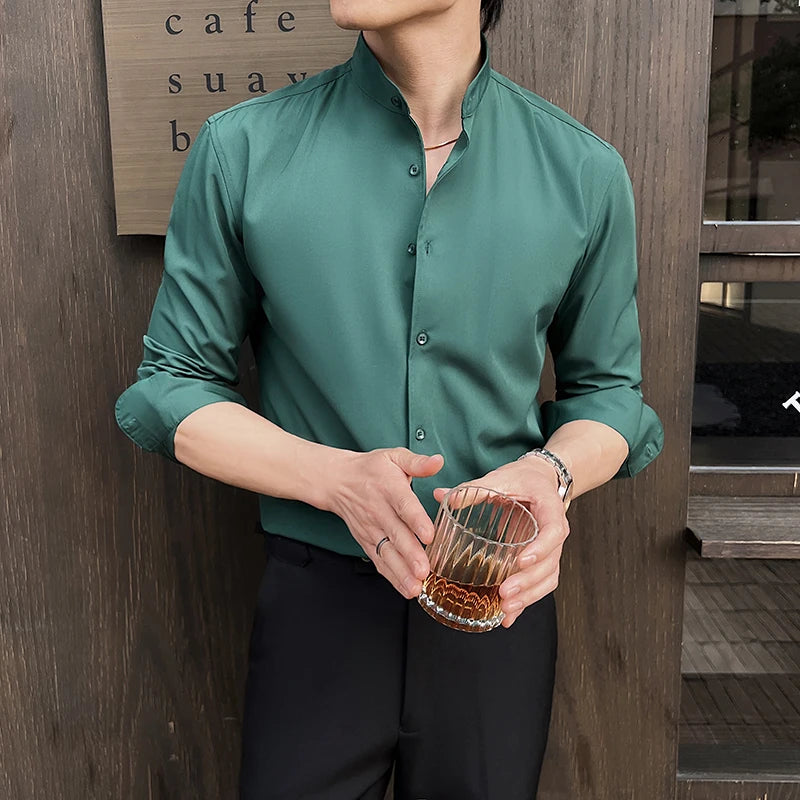 2025 Men's New Chinese Style Shirt: High-End Stand-Up Collar with Slimming Fit