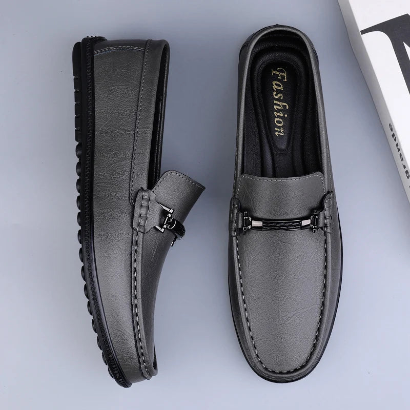 Men's Genuine Leather Loafers: Comfortable Slip-On Driving Shoes with Metal Buckle