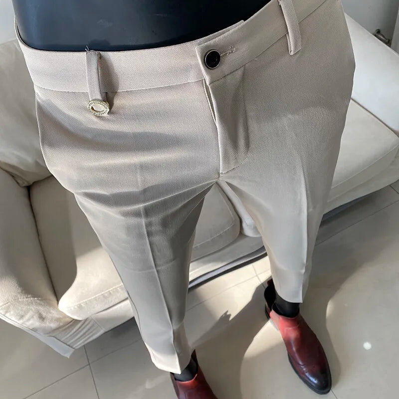 2025 Men's Business Suit Pants: Slim-Fit, Ankle-Length Trousers with Elastic Waist