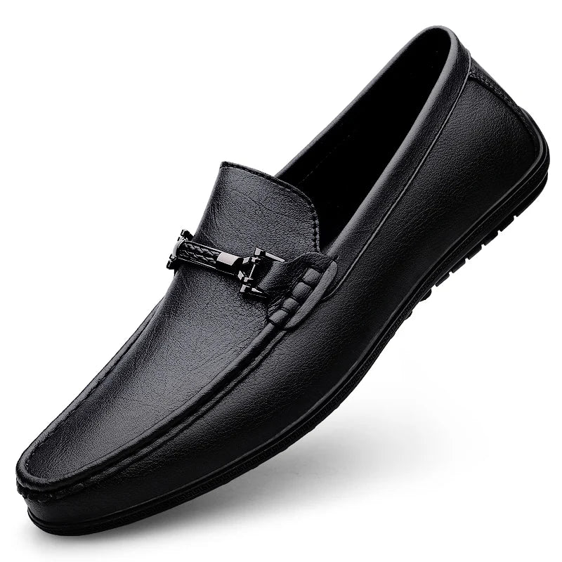 Men's Genuine Leather Loafers: Comfortable Slip-On Driving Shoes with Metal Buckle