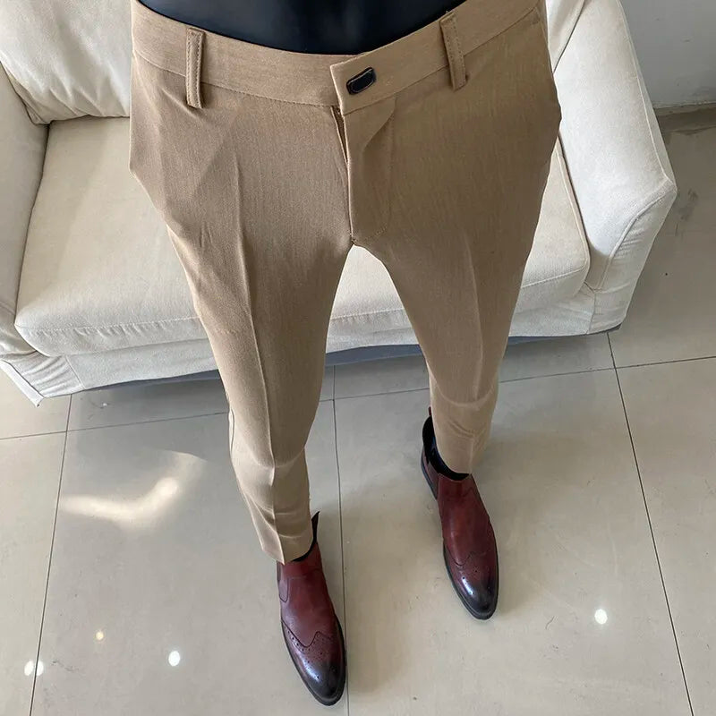 2025 Men's Business Suit Pants: Slim-Fit, Ankle-Length Trousers with Elastic Waist