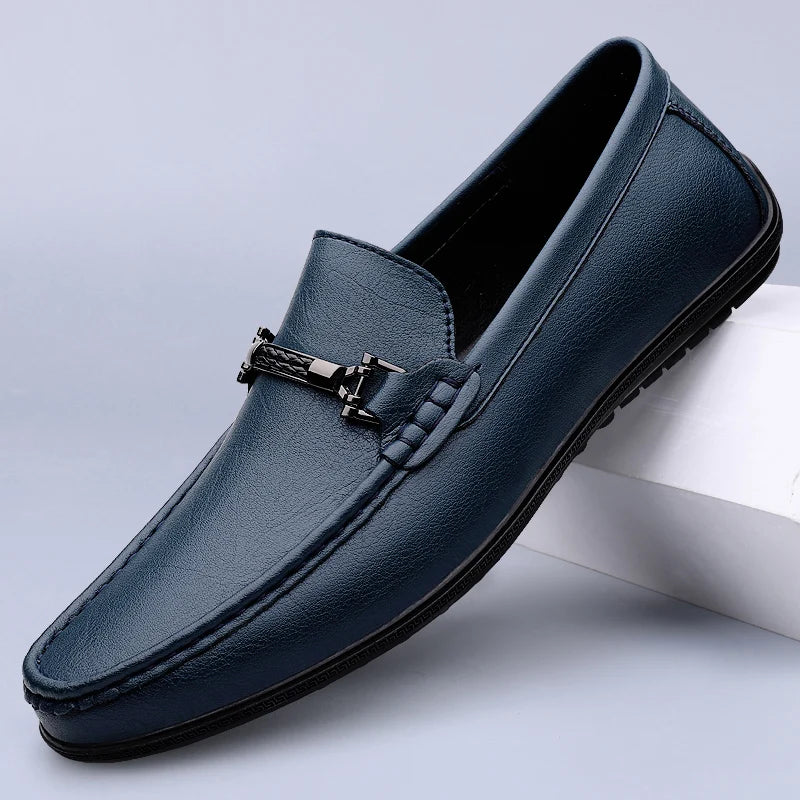 Men's Genuine Leather Loafers: Comfortable Slip-On Driving Shoes with Metal Buckle
