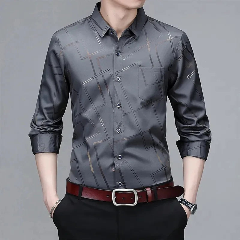 Men's Long-Sleeve Printed Shirt: Non-Ironing and Wrinkle-Resistant for Business and Casual Wear