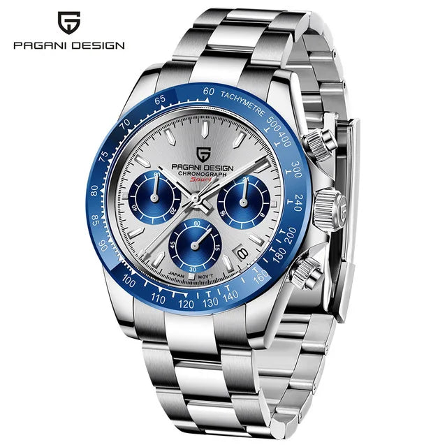 40mm New Pagani Design V2 Men's Quartz Watch: Sapphire Retro Chronograph Stainless Steel Waterproof Watch