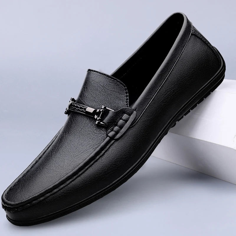 Men's Genuine Leather Loafers: Comfortable Slip-On Driving Shoes with Metal Buckle