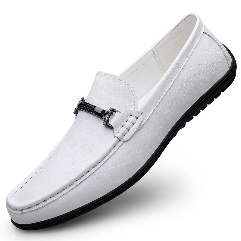 Men's Genuine Leather Loafers: Comfortable Slip-On Driving Shoes with Metal Buckle