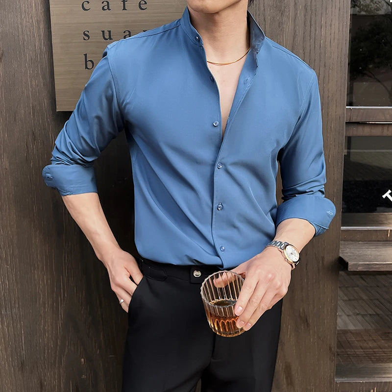 2025 Men's New Chinese Style Shirt: High-End Stand-Up Collar with Slimming Fit