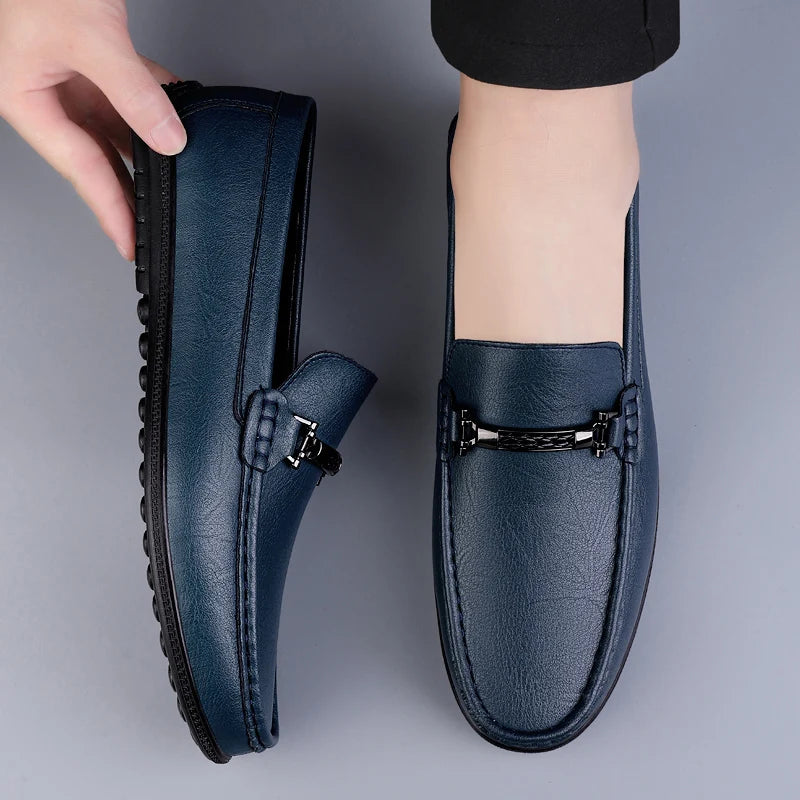 Men's Genuine Leather Loafers: Comfortable Slip-On Driving Shoes with Metal Buckle
