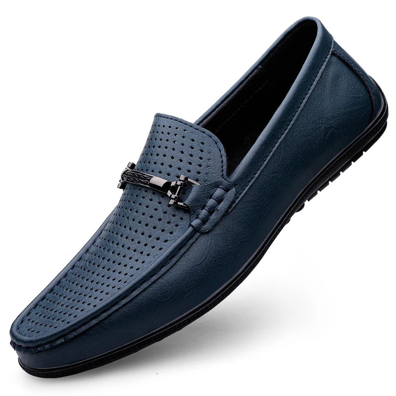 Men's Genuine Leather Loafers: Comfortable Slip-On Driving Shoes with Metal Buckle
