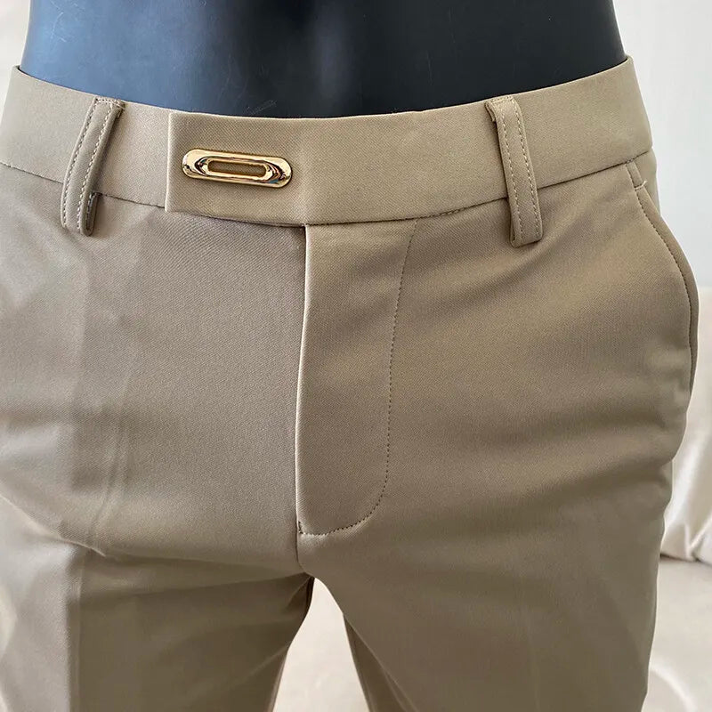 2025 Men's Business Suit Pants: Slim-Fit, Ankle-Length Trousers with Elastic Waist