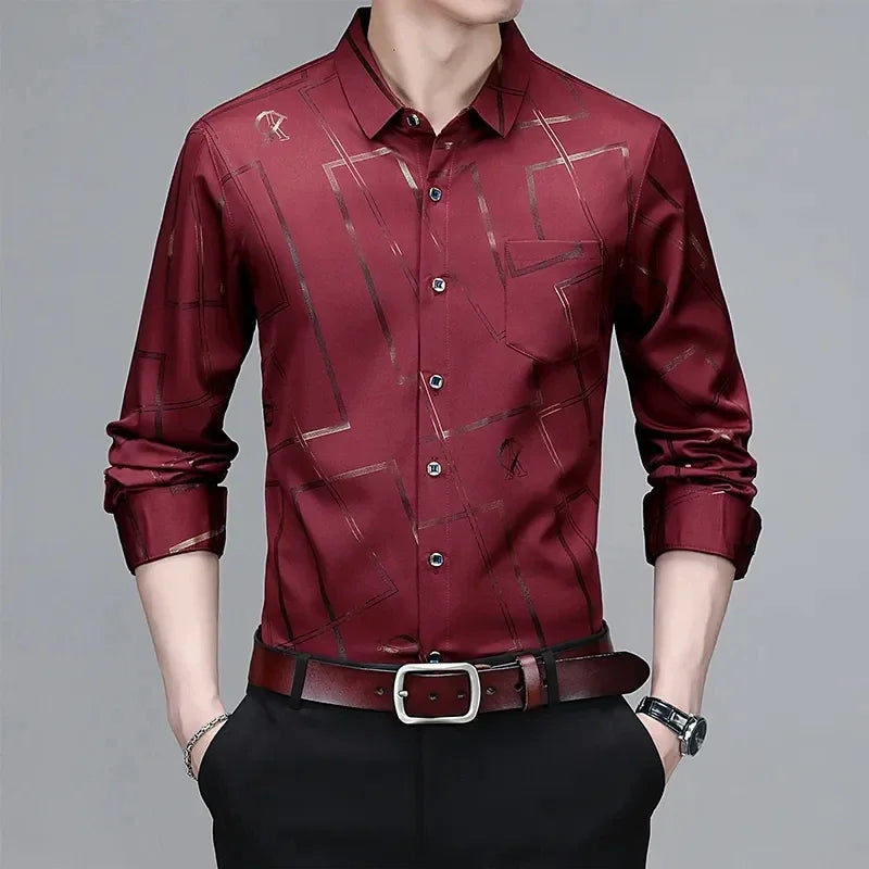 Men's Long-Sleeve Printed Shirt: Non-Ironing and Wrinkle-Resistant for Business and Casual Wear