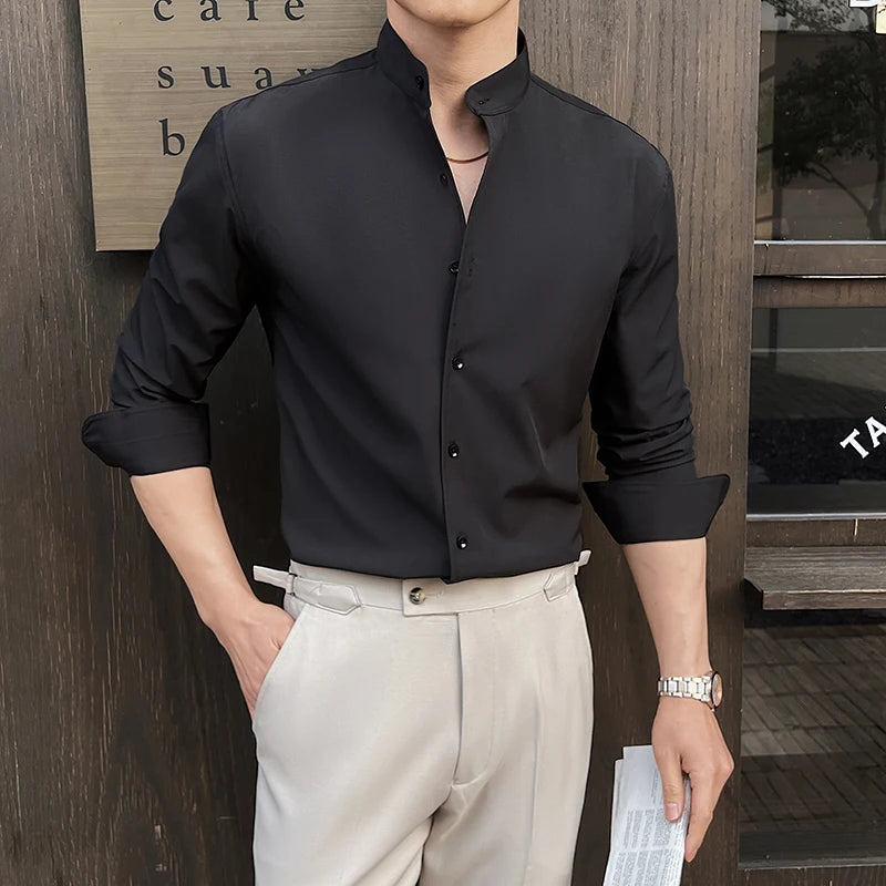2025 Men's New Chinese Style Shirt: High-End Stand-Up Collar with Slimming Fit