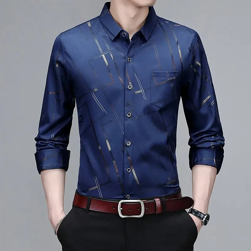 Men's Long-Sleeve Printed Shirt: Non-Ironing and Wrinkle-Resistant for Business and Casual Wear