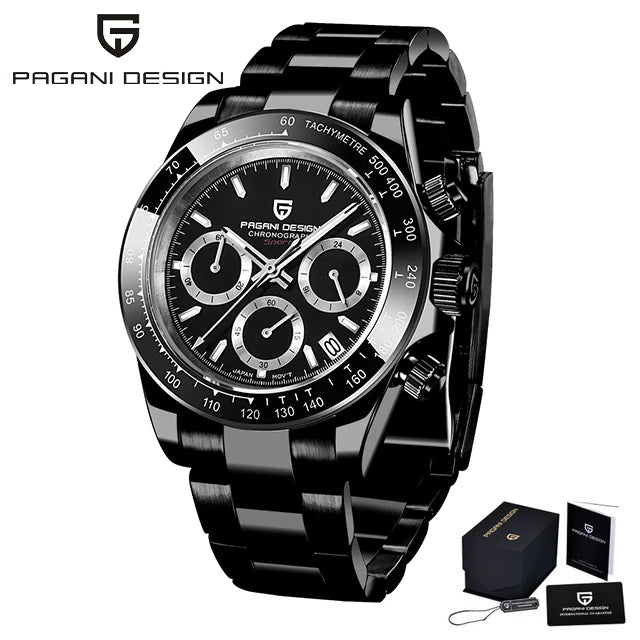 40mm New Pagani Design V2 Men's Quartz Watch: Sapphire Retro Chronograph Stainless Steel Waterproof Watch