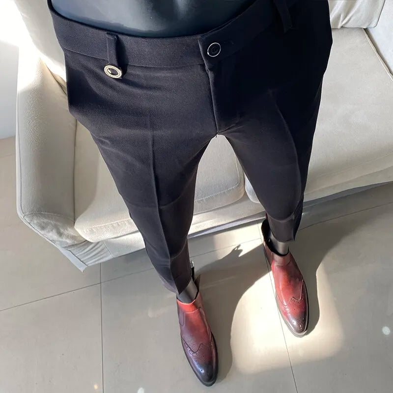 2025 Men's Business Suit Pants: Slim-Fit, Ankle-Length Trousers with Elastic Waist